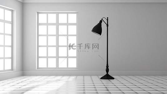 白色窗户背景图片_极简主义空间，配有白色窗户瓷砖墙和时尚的黑色落地灯 3D 渲染