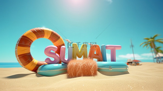 完美的夏季度假胜地带有 3D 渲染海滩配件的浮动标志