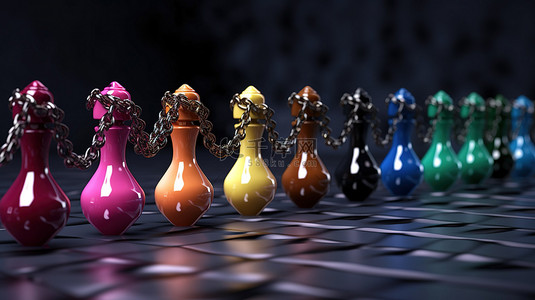 社区帮助背景图片_多彩多姿的国际象棋棋子链代表了 3D 中的独特性创造力和包容性
