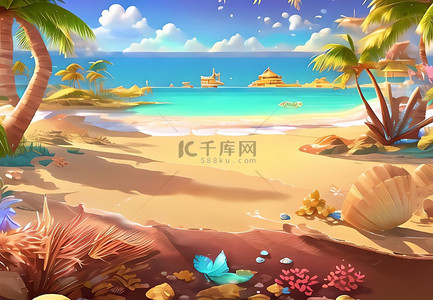 海滩景色背景图片_海滩椰子树景色沙滩卡通插画
