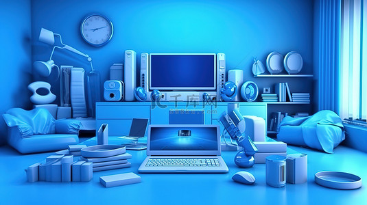 科技设备背景图片_带有高科技设备的时尚蓝色桌面内部的 3D 渲染