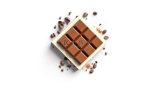 自上而下的 3D 插图，显示白色背景下分离的牛奶巧克力棒和巧克力片