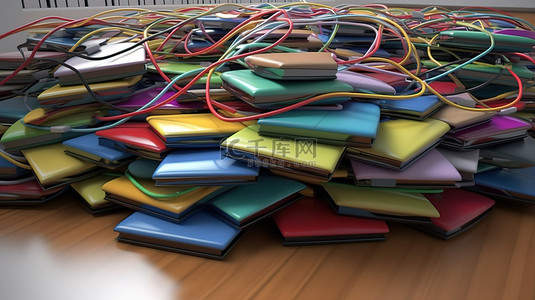 数字连接彩色书籍的 3d 渲染，系在计算机鼠标上