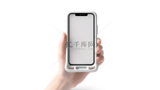 白色背景下塑料手机支架中手持智能手机的 3D 渲染