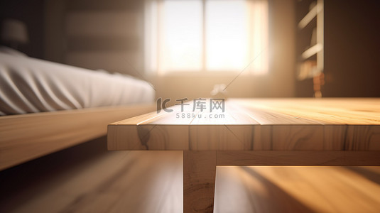 3d 木桌背景中模糊的卧室内部