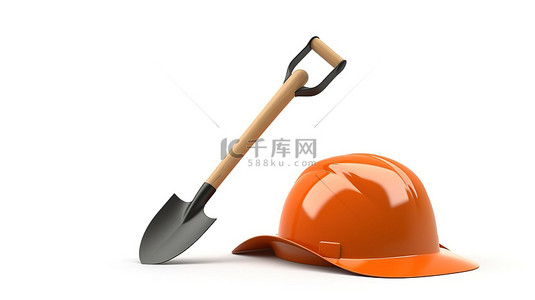 3D 插图隔离花园工具套装，白色背景上带有橙色安全帽和铲子