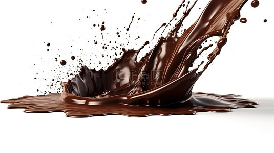 可可溅在白色背景上 3D 渲染美味的黑巧克力