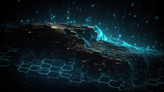 蓝色流动线背景图片_3D 渲染的网络技术插图六角波流动粒子和动态点