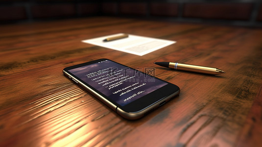 木桌上软件许可协议旁边的手机和笔的 3D 渲染