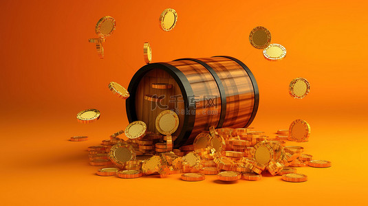 橙色标志背景图片_橙色背景下从木桶中飞出的在线赌场筹码和硬币的 3D 渲染