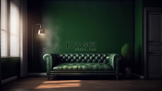 3d 渲染棕色真皮沙发在清新的绿色房间内部