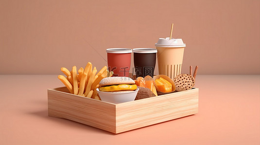 咖啡包装盒背景图片_一对夫妇携带咖啡和汉堡盒外出的 3D 渲染