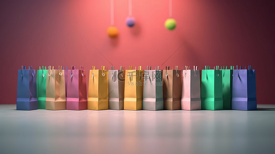 网上购物概念粉红色背景纸袋的 3D 插图
