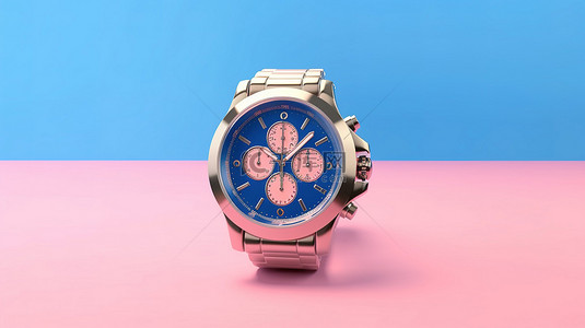 精致的双色调风格模拟男士蓝色腕表，粉红色背景，3D 渲染