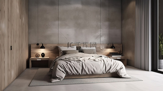 3D 可视化当代卧室，采用暖色调的木材和混凝土装饰