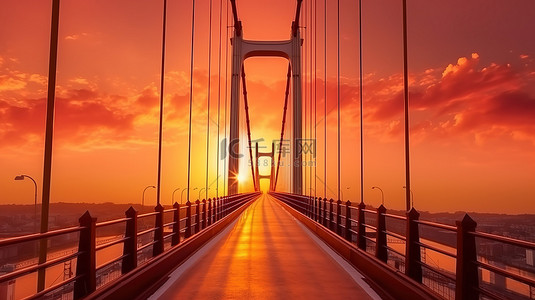红色之光背景图片_壮丽的红色吊桥上的日落辉光壮观的 3D 渲染