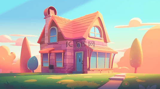 漂亮折线柱形图背景图片_草地树粉色可爱小屋卡通房子背景