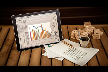 科技金融科技背景图片_带咖啡笔记本和图表的平板电脑