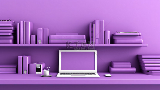 科技平板电脑背景图片_紫色墙架横幅，配有电脑笔记本电脑手机和数字平板电脑 3D 插图