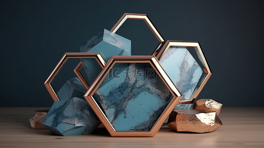 六角木和铜框的 3D 渲染中的大理石蓝色抽象形状