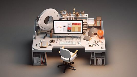 背景ppt模板背景图片_带有技术图标和极简主义办公桌 3D 渲染的时尚办公室内部