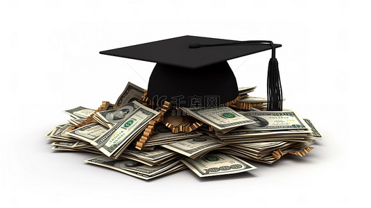 金融背景图片_白色背景下毕业帽和一叠现金的 3D 渲染