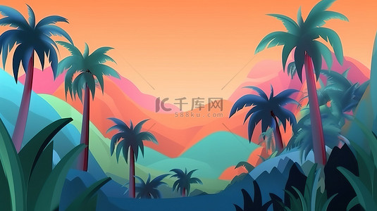 山树剪影背景图片_带有卡通棕榈树的山景是一个有趣的背景