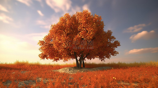 具有秋季背景的 3D 秋树的高质量渲染图像