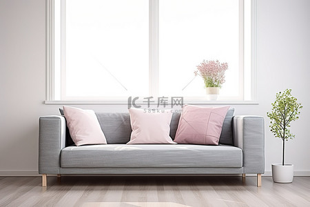 枕头上背景图片_窗前的地板上放着一张灰色的沙发和枕头