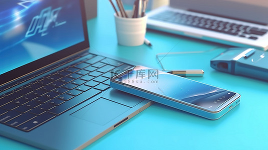 蓝色办公桌横幅的 3D 插图，配有笔记本电脑和手机