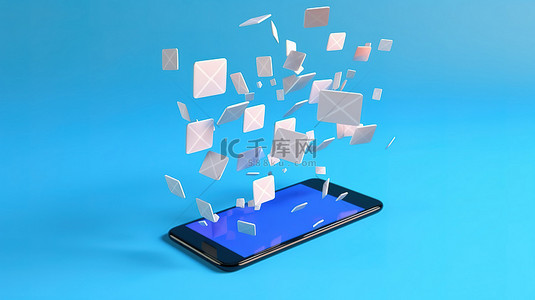 电子邮件背景背景图片_3d 智能手机上带有浮动电子邮件的蓝色背景