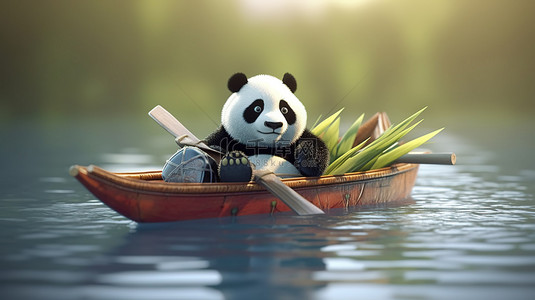 小宝宝和熊猫背景图片_熊猫在 3D 船上划船，幽默的转折
