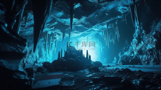 探索用闪闪发光的水晶渲染的 3D 蓝色洞穴的奇观，进行迷人的冒险
