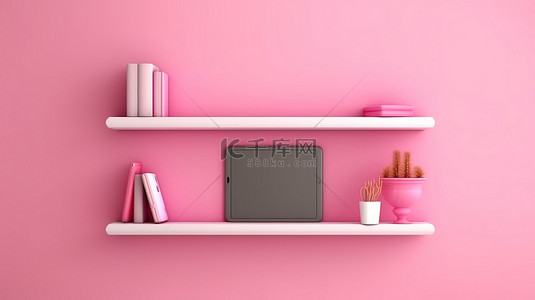 科技平板电脑背景图片_粉红色墙架上显示的数字平板电脑的 3D 插图