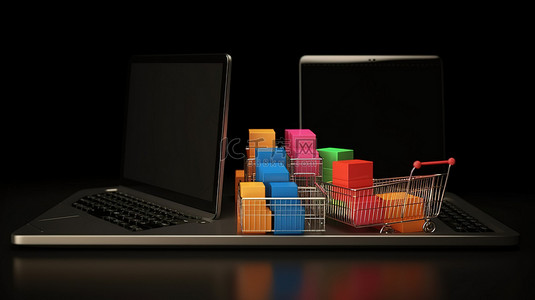 以电子商务和移动商务在线购物为特色的笔记本电脑的 3d 渲染