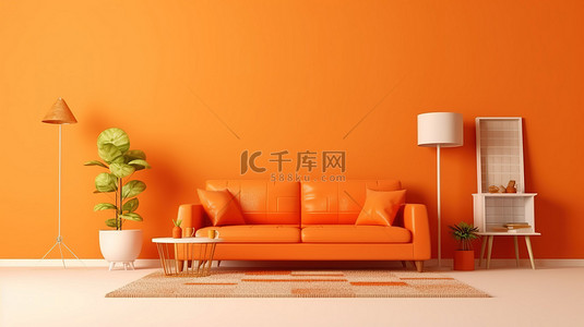 橙色客厅背景图片_充满活力的橙色客厅设计与明亮的橙色墙 3D 渲染