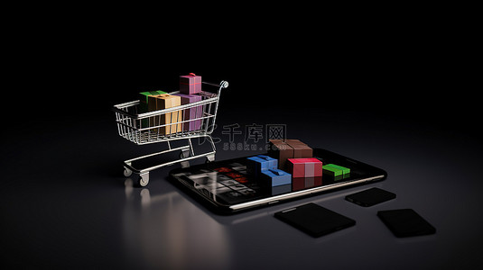 商城sousuo背景图片_在线购物和电子商务概念移动和条形图在 3d 渲染