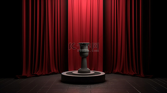 深红色舞台上挂着窗帘的红色讲台的 3D 渲染图