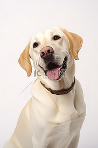 坐在白色工作室背景中的黄色拉布拉多猎犬