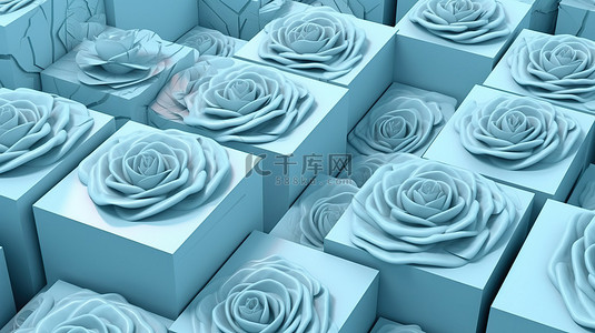抽象的浅蓝色背景，在 3D 渲染中装饰有方形线条和华丽的玫瑰