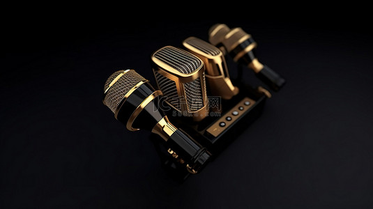 时尚的金色麦克风和双黑色扬声器在黑色背景下的未来派 3D 渲染