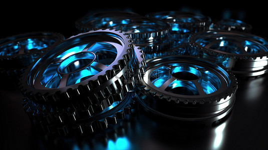 蓝灰色科技背景背景图片_模糊的蓝色发光亮点与抽象 3D 插图中的一组灰色齿轮重叠