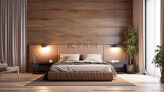 褐色砖墙背景图片_带米色瓷砖墙的现代棕色调卧室的 3d 渲染