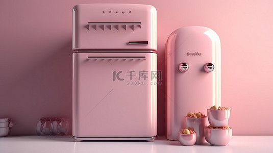 异想天开的冰箱，采用柔和的粉红色 3D 渲染卡通物体，用于厨房装饰