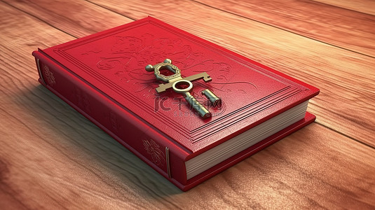 安全记录表背景图片_木质表面的 3D 插图，带有封闭的红书和钥匙