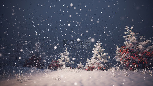 下雪圣诞背景图片_雪花飘落的 3D 渲染中的下雪圣诞场景