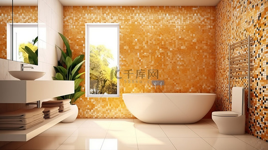 带有醒目的马赛克墙的现代浴室的 3D 渲染
