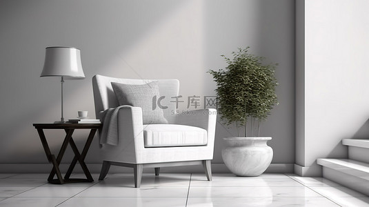 垫子logo背景图片_带扶手椅边桌和垫子的装饰入口大厅的 3D 渲染