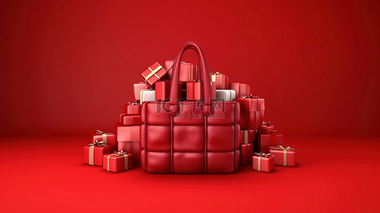 心跳动图gif背景图片_节日背景下装满礼物的红色圣诞袋的 3D 渲染
