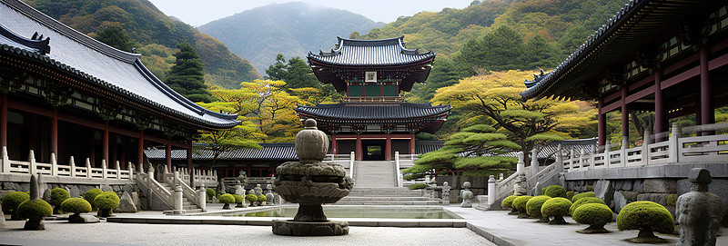 华严寺背景图片_cheiloungsan 寺庙内的庭院，有柱子和小瀑布